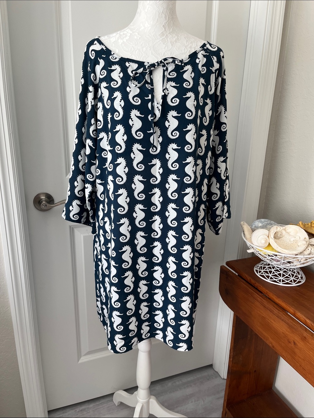 Tybee Island Navy Seahorse Print Top with White Accents